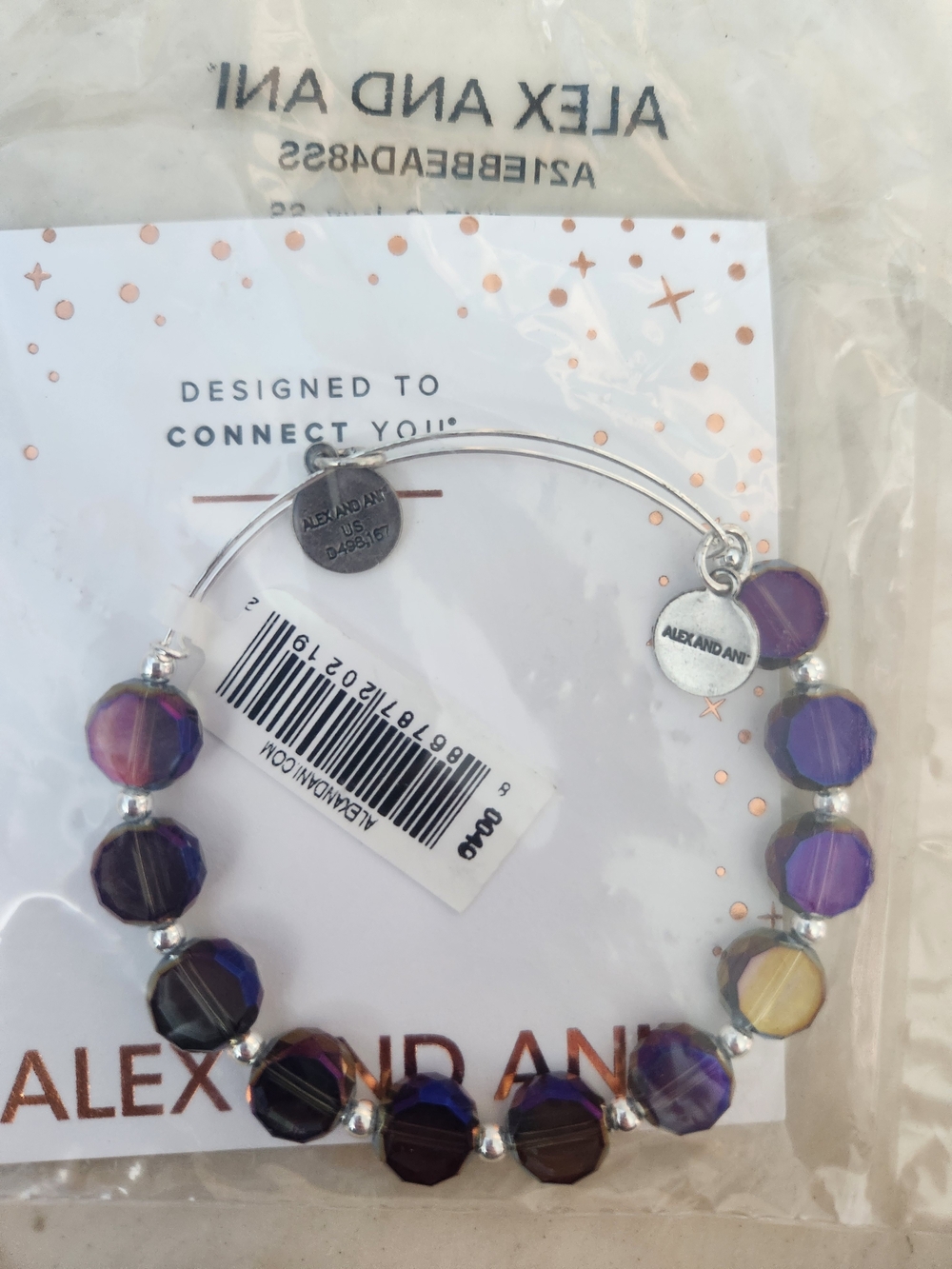 Alex and Ani Purple Faceted Bead Expandable Bangle with Silver Accents